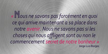 Nous ne savons pas forcément en quoi ce qui arrive maintenant
 a sa place dans notre avenir. Nous ne savons pas si les choses qui nous affligent sont ou non le commencement secret de notre bonheur. Jorge Luis Borges.
